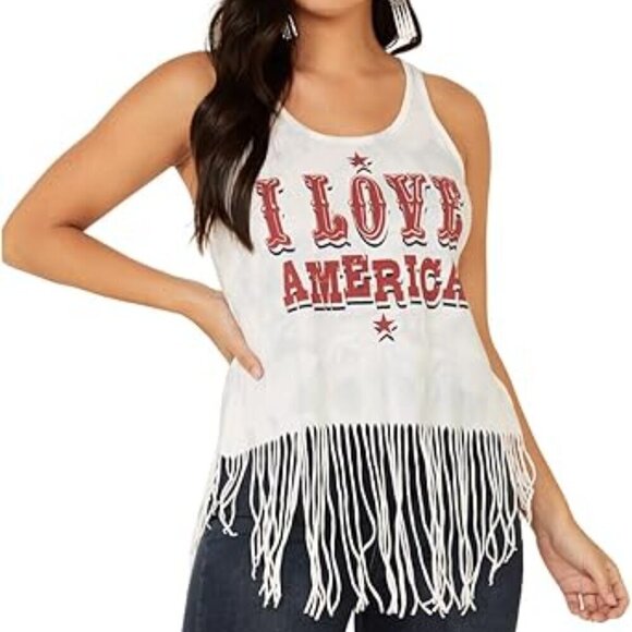 Shyanne Tops - Shyanne Women's White I Love America Graphic Fringe Hem Tank Top Size Large